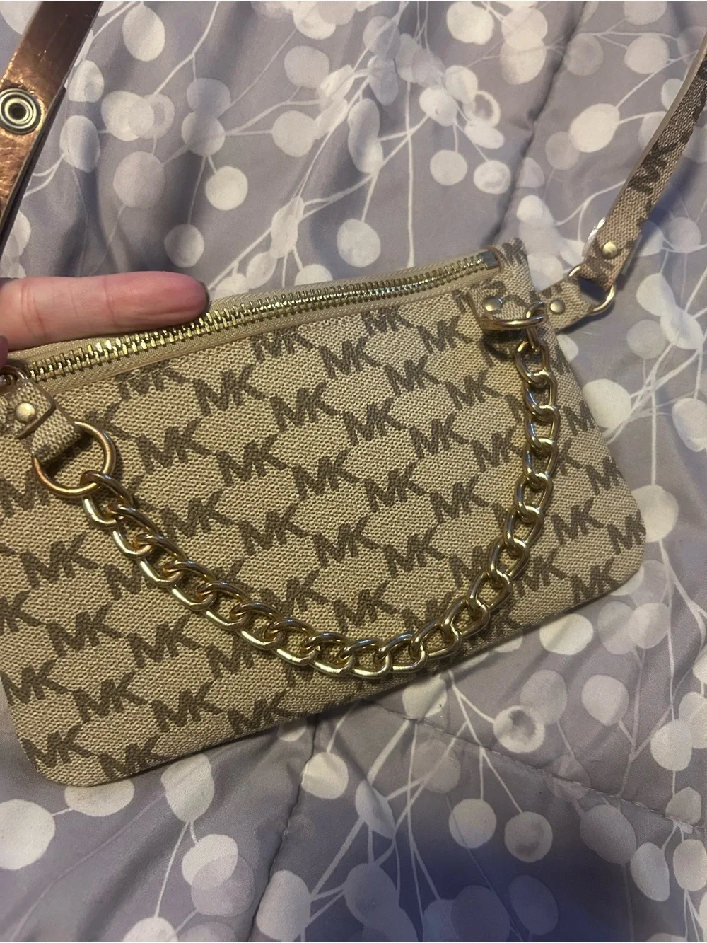 Michael Kors Tan Logo Mini Crossbody with Gold Chain
